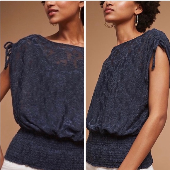 Anthropologie Tops - ANTHROPOLOGIE Deletta Blue Lace Banded Bottom Top